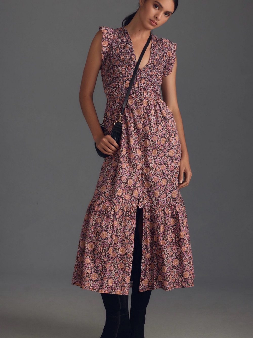 Free People Dusty Pink Floral Tiered Midi Dress